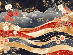 日式和风花卉波浪纹图案