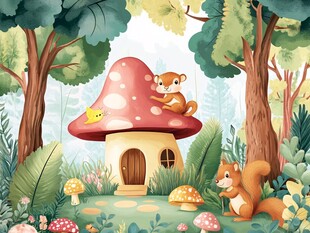 森林中的蘑菇小屋与松鼠