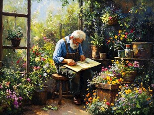 花房中的老者专注阅读