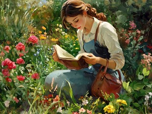 花园中阅读的恬静女子