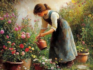 少女花园中专注浇花