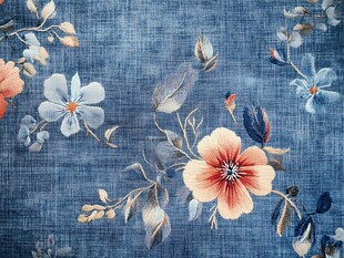 蓝色底花卉图案布料纹理