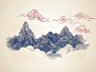 中式山水云纹国风插画