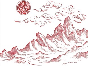 中式山岳祥云图腾插画