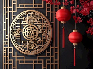 中式福字装饰与红灯笼