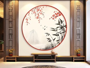 中式客厅圆形山水花鸟壁画
