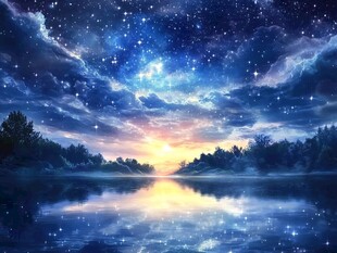 梦幻星空下的湖畔美景
