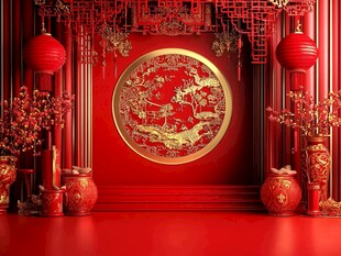 中式喜庆红金传统场景