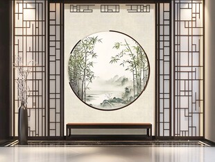 中式屏风上的清幽竹景图