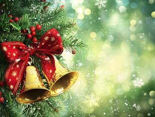 圣诞铃铛装饰在松枝上