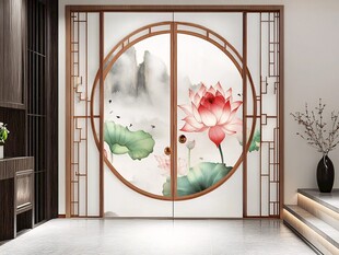 中式圆门荷花山水屏风