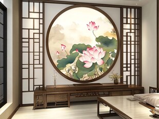 中式客厅的荷花圆壁饰