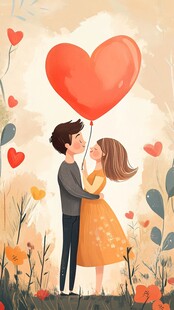浪漫情侣共拥爱心气球