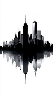 城市建筑黑白剪影与倒影