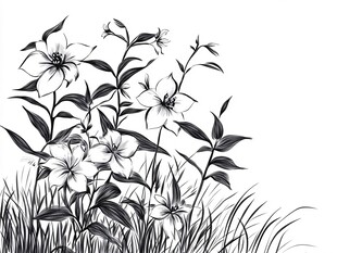 黑白花卉植物线条插画