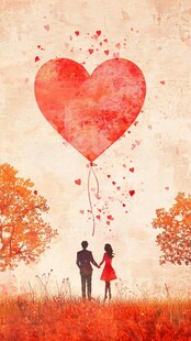 浪漫情侣与爱心气球的风景