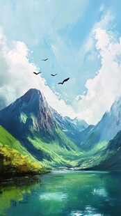山间湖景飞鸟的诗意风光