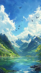 梦幻山水间飞鸟翱翔美景