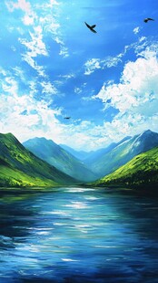 山水蓝天飞鸟梦幻风景图