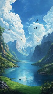 梦幻山水间的飞鸟与湖泊