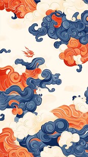 中式云纹海浪飞鸟图案