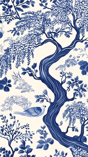 蓝白中式花鸟树纹图案