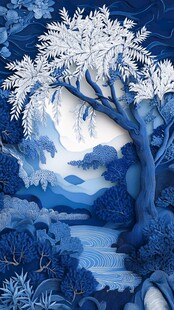 蓝调梦幻纸雕风山水景致