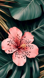 娇艳木槿花与翠绿叶片