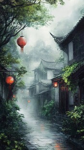 烟雨古巷红灯映景