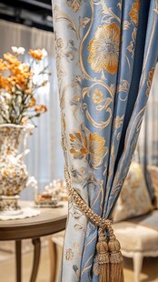 欧式奢华蓝金花纹窗帘