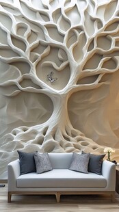 艺术树纹背景墙下的沙发