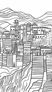 手绘山城建筑黑白线条图