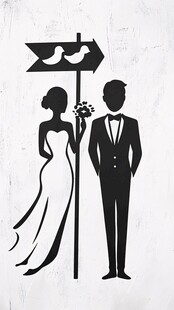 新婚夫妇路标旁浪漫剪影