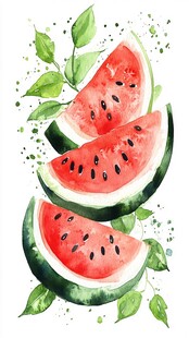 水彩绘西瓜与绿叶插画
