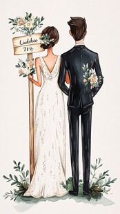 浪漫新婚夫妇携手立牌前