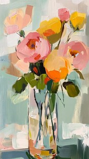 花瓶中的多彩花卉油画