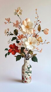 中式花瓶中的多彩仿真花卉