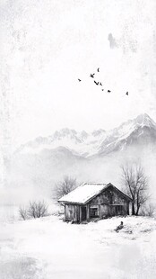 雪中山居飞鸟图