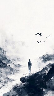 孤身立山巅 飞鸟伴云间