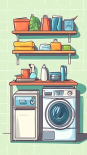 洗衣房一角的清洁用品摆放