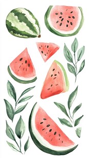 水彩风西瓜与绿叶插画