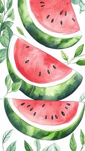 水彩西瓜与绿叶清新插画