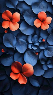 蓝底橙花梦幻花卉图案