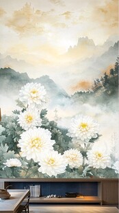 中式山水菊花背景墙