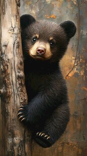 可爱小熊倚树好奇张望