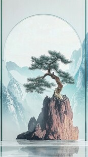 孤松立岩间 山水意境美