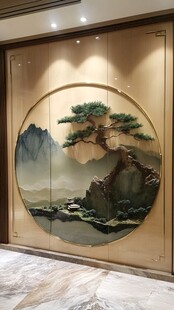 中式玄关圆形山水松景壁画