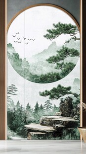 中式圆景山水玄关装饰画