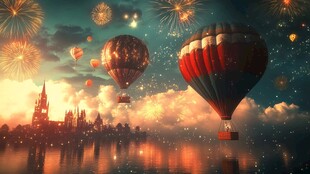 梦幻热气球与烟火城市夜景