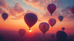 夕阳下缤纷热气球飞舞